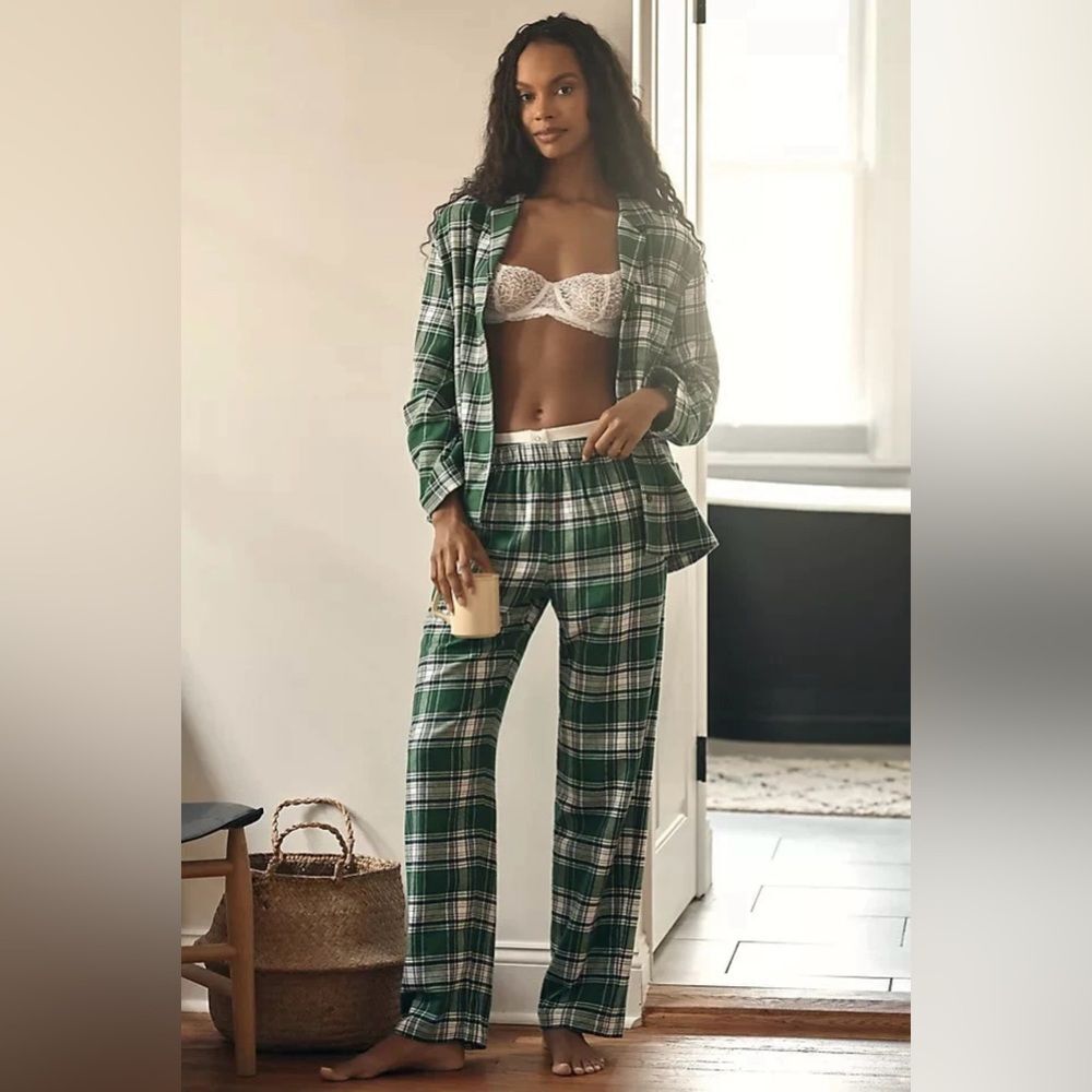 Eberjey Flannel Long PJ Pajama Set Green Tartan Plaid Cotton Womens Size Small